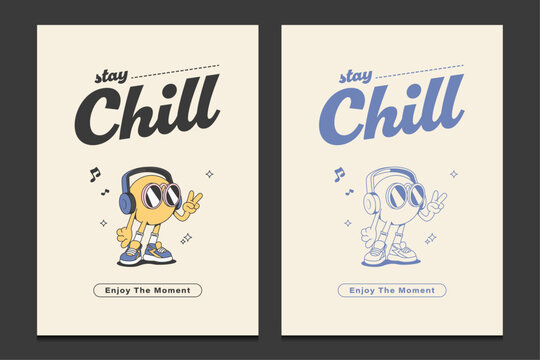 retro 70s poster or wall art print design with a cartoon character listening to music, vector illustration