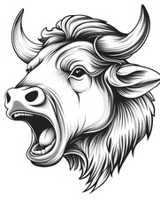 Fototapeta premium A black and white drawing of a bull with its mouth open and horns on its head