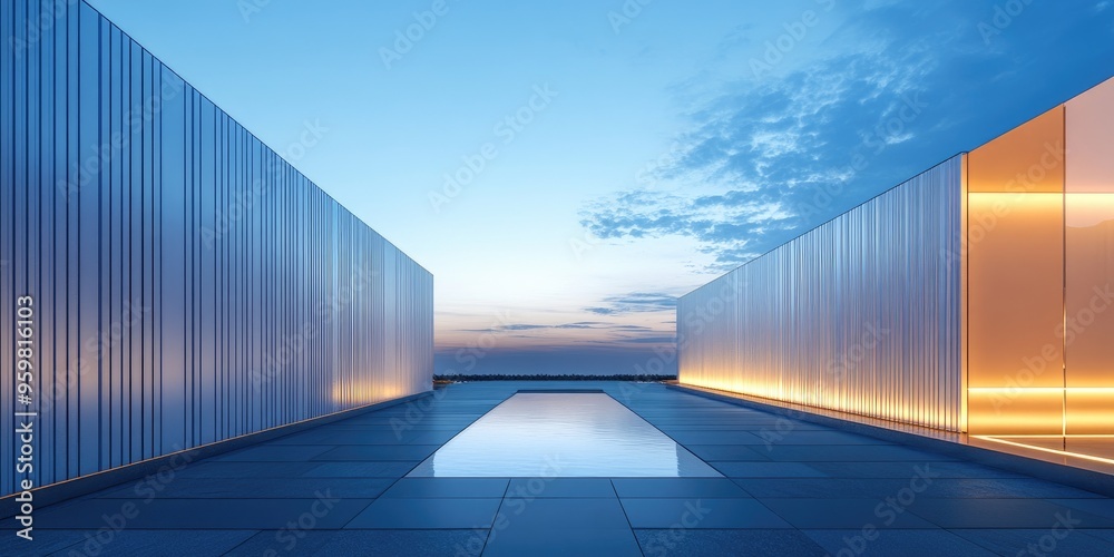 Poster creative exterior illuminated with linear walls against a blue sky backdrop 3d rendering