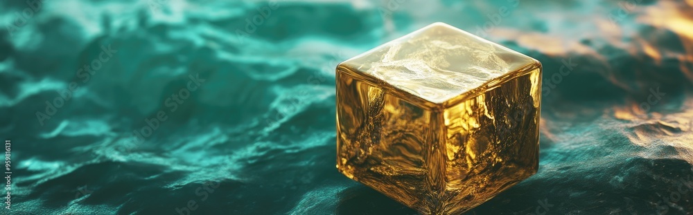 Poster gold cube symbol on a tidewater green background featuring a 3d rendered cube icon for social media