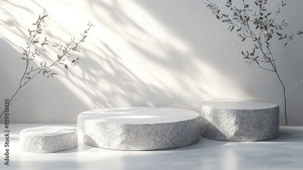 Poster stone slab pieces with a white backdrop featuring podium props for product presentation 3d rendering