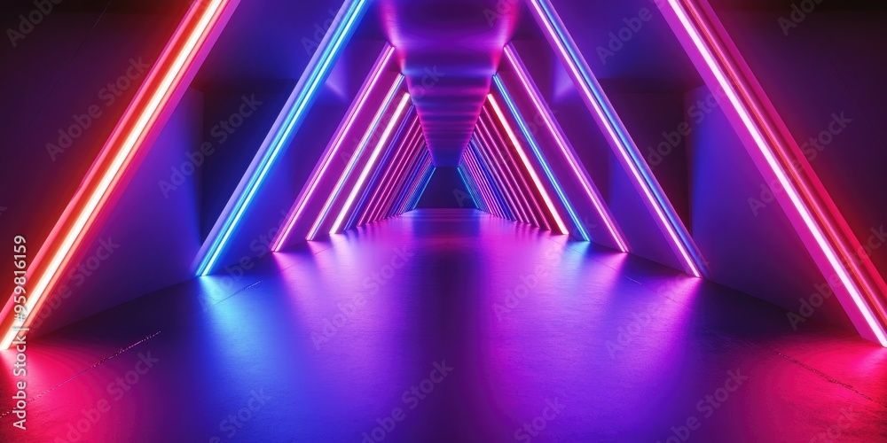 Poster vibrant laser triangle podium in purple red and blue neon fluorescent colors in a sci fi futuristic 