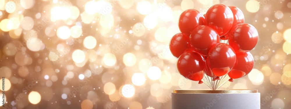 Poster Close up of festive red Christmas tree balloons on a podium with a sparkling background 3D Render