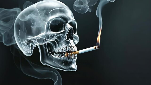 Smoky skull with cigarette on dark background, health and addiction concept