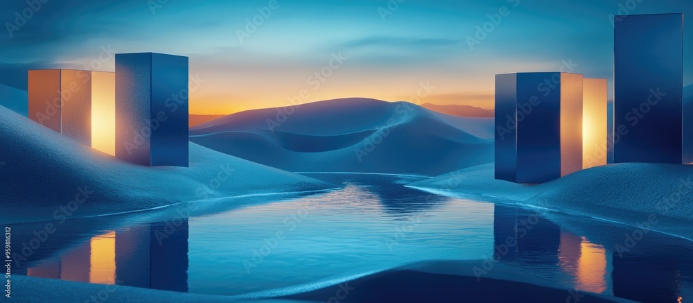 Aufkleber Vibrant abstract landscape featuring unusual cubes illuminated desert dunes and captivating water reflections in a nighttime setting 3D rendered illustration with a unique background pattern for d