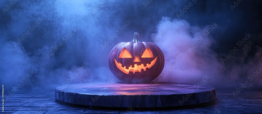 Poster halloween themed backdrop featuring a podium for product presentation 3d rendering