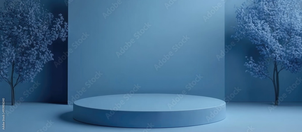 Poster Blue podium on a display with a blank backdrop 3D rendering