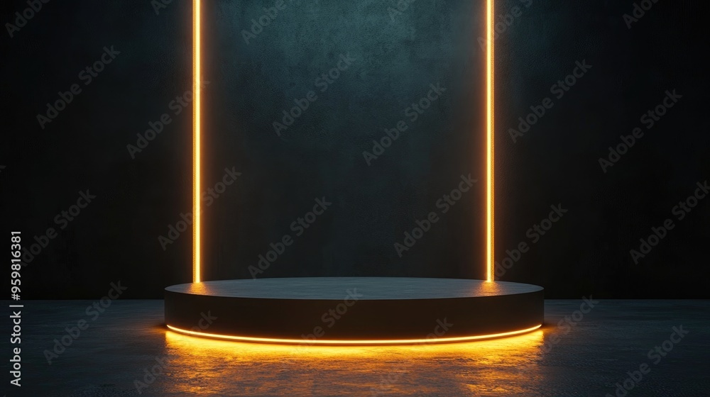 Poster Illuminated pedestal in an interior setting with blank space Concept for performance and presentation 3D rendering