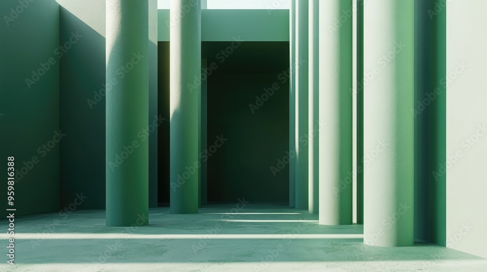 Poster green minimalist pillar background in 3d rendering
