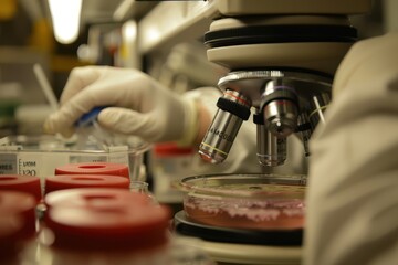 Microscope in a lab setting with a focus on samples, representing the detailed examination of monkeypox virus