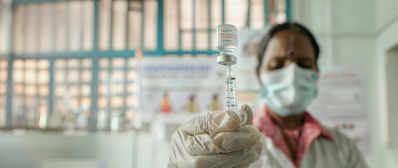 A healthcare worker in India holding a vaccine vial, emphasizing the importance of vaccination during the monkeypox outbreak