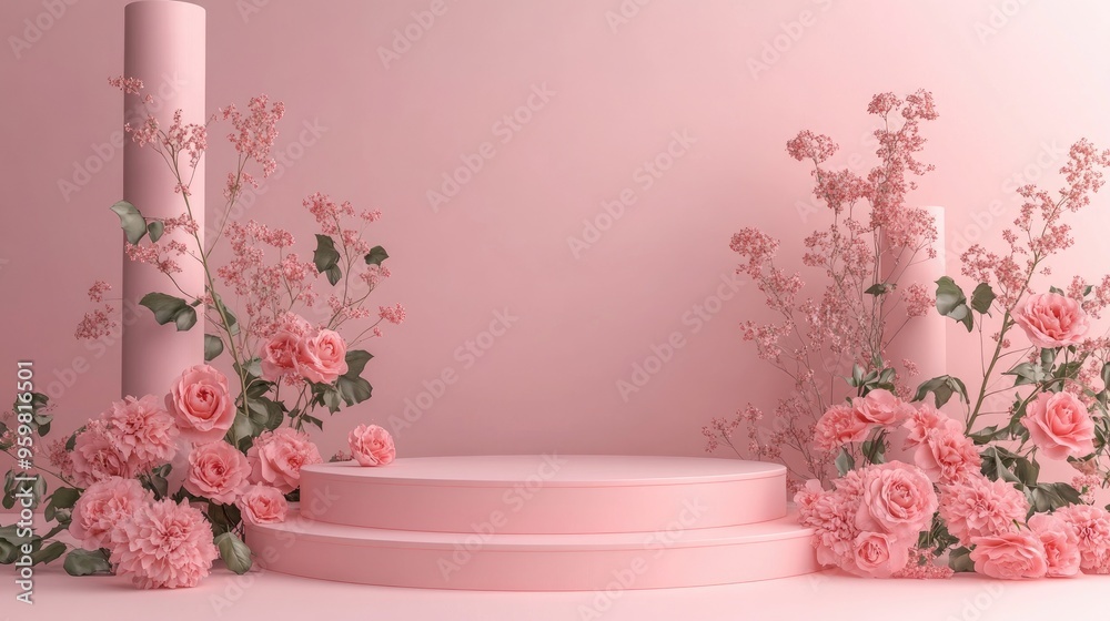 Poster elegant podium on a soft pink background holiday greeting card for valentine s day featuring a roman