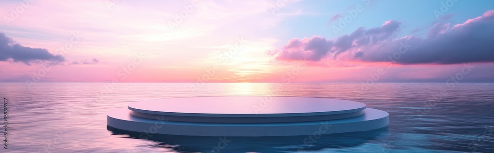 Poster Water podium with colorful sky backdrop for advertising display 3D rendering