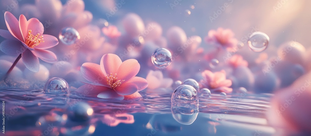 Poster abstract landscape featuring spring flowers and water bubbles 3d rendering