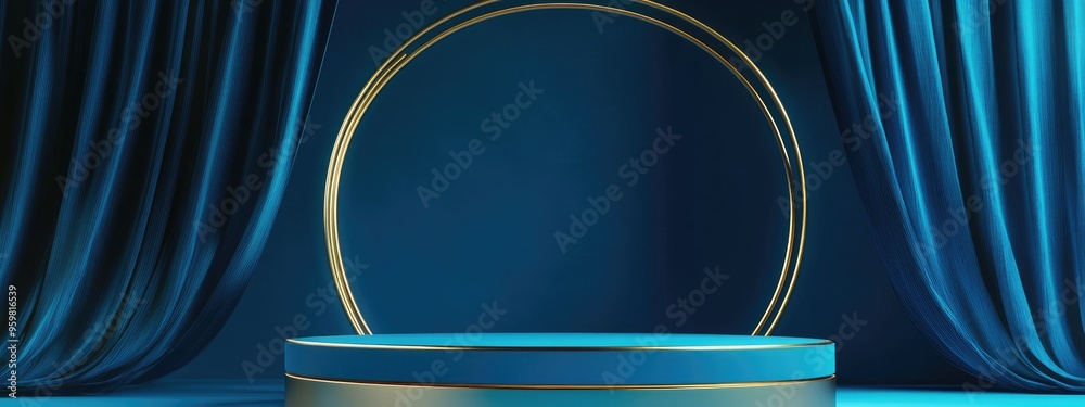 Aufkleber Empty blue cube podium with a gold border arch against a blue curtain background Abstract minimalist 3D geometric shape for product display mockup 3D rendering