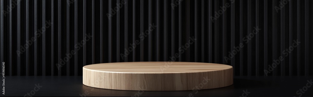 Poster cosmetic wood podium on a black background template for product showcase 3d rendering