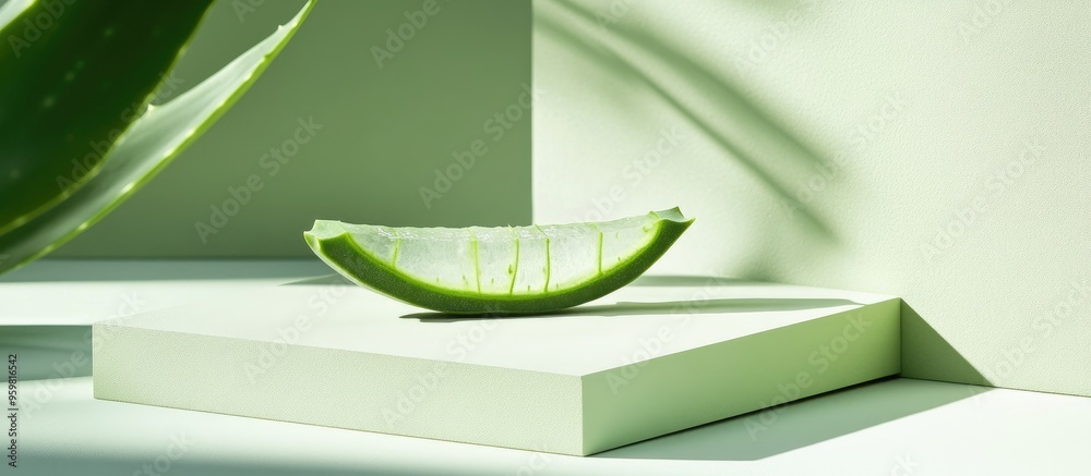 Poster A light green square podium set against a light green backdrop featuring a slice of aloe An empty display platform suitable for showcasing cosmetic items food and props