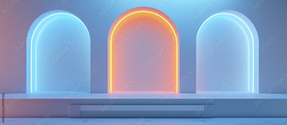 Poster blank product display with neon lights against a pastel blue and white backdrop 3d rendering
