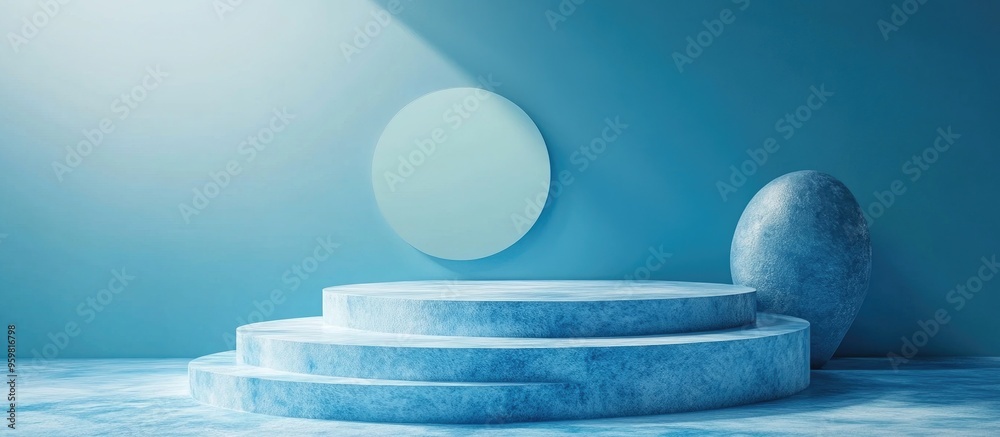 Poster abstract geometric blue podium with frosted glass on a blue background for product presentation mini