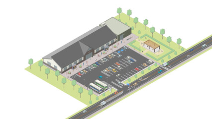 アイソメトリック図法で描いた一般道路の休憩施設のイメージ / Roadside rest area in Japan. Isometric illustration