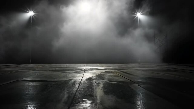 Mysterious night at the empty parking lot with glowing lights