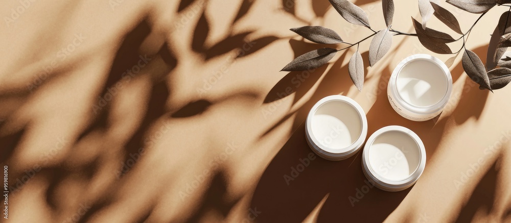 Aufkleber cosmetic display podiatrist casting shadows of natural leaves on a brown background 3d rendering