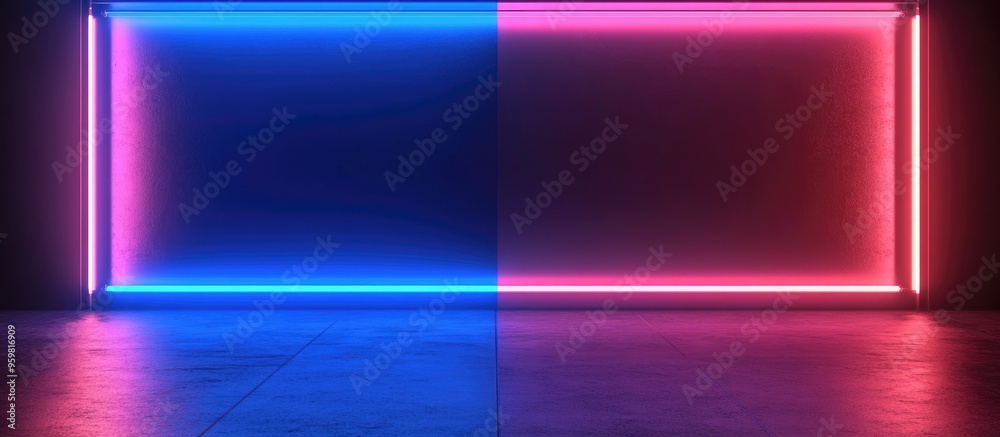 Poster blank product display featuring neon lights against a darkroom backdrop 3d rendering