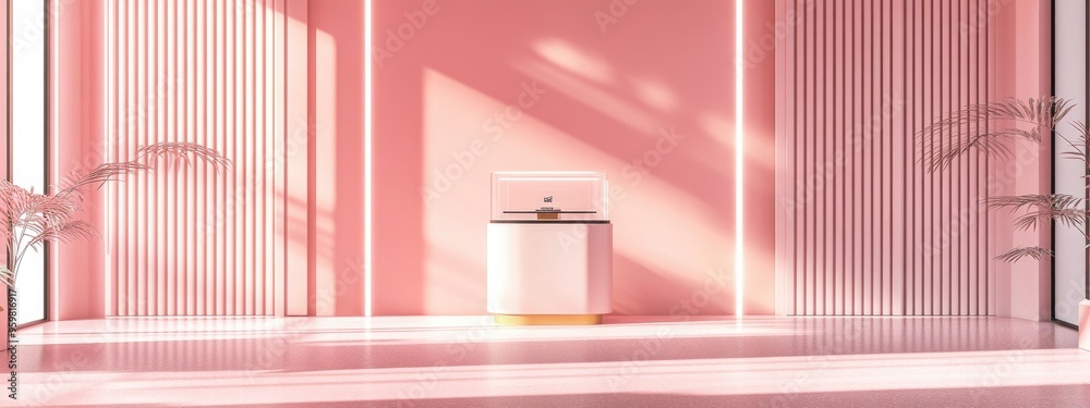 Aufkleber contemporary architectural backdrop pink space featuring a pedestal and display case 3d rendering