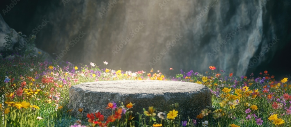 Poster Abstract 3D rendered spring scene featuring a stone podium surrounded by a vibrant field of wildflowers set within a cave ideal for product display or mockup purposes