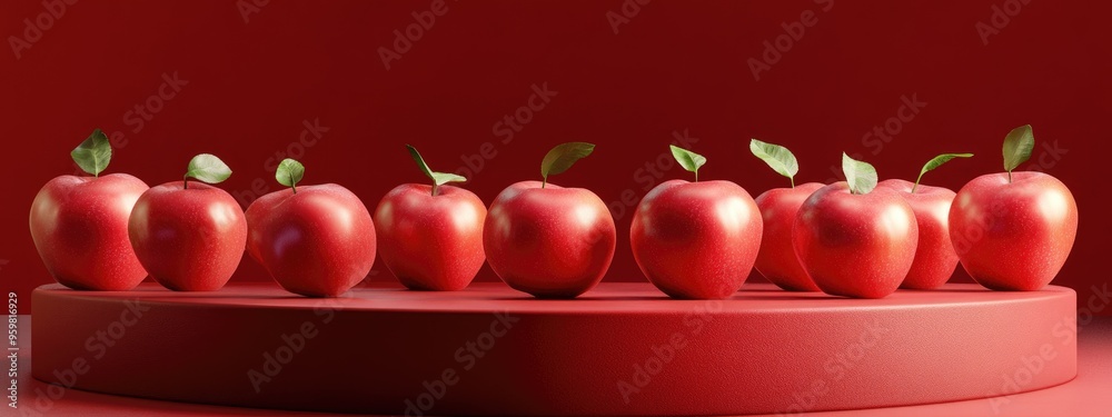 Poster apples displayed on a podium with a red backdrop 3d illustration