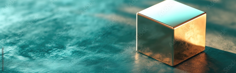 Poster gold cube symbol on a tidewater green background featuring a 3d rendered cube icon for social media