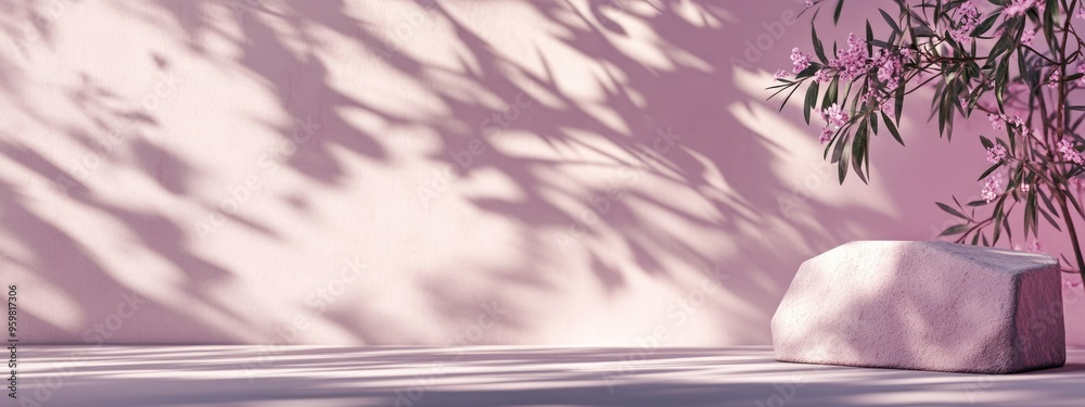 Poster soft pastel background featuring wall shadows 3d render botanical podium casting shadows from foliag