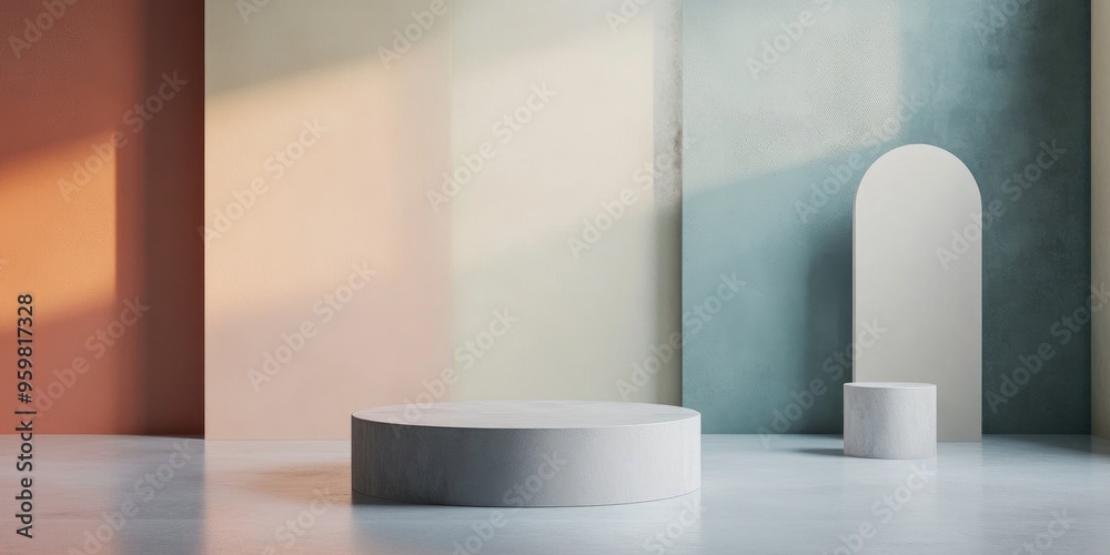 Poster Minimalist abstract background with pedestal featuring 3D illustration and rendering