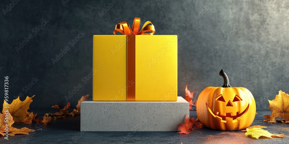 Poster yellow and concrete podium inside a square gift box alongside a jack o lantern 3d image render