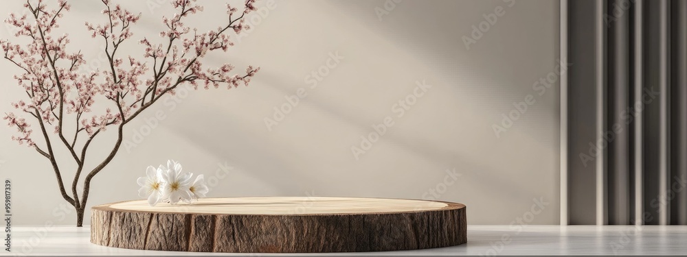 Poster minimalist modern product display featuring a wood slice podium and spring branches conceptual scene