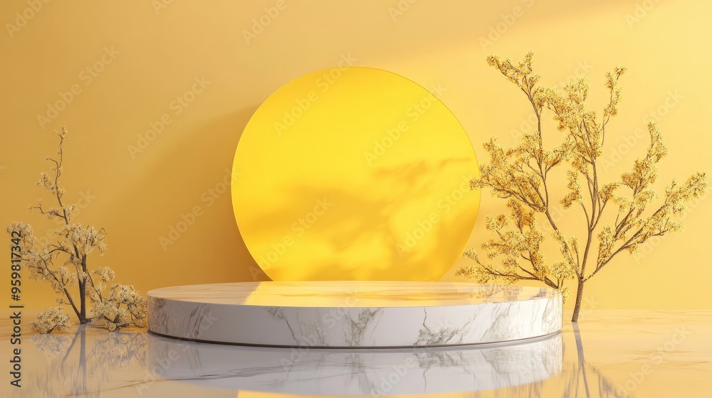 Poster yellow product display on 3d marble podium with minimal natural background
