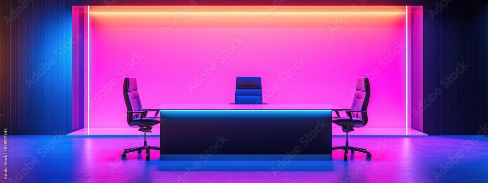 Poster wooden table and chairs displayed in a modern news studio environment 3d rendering