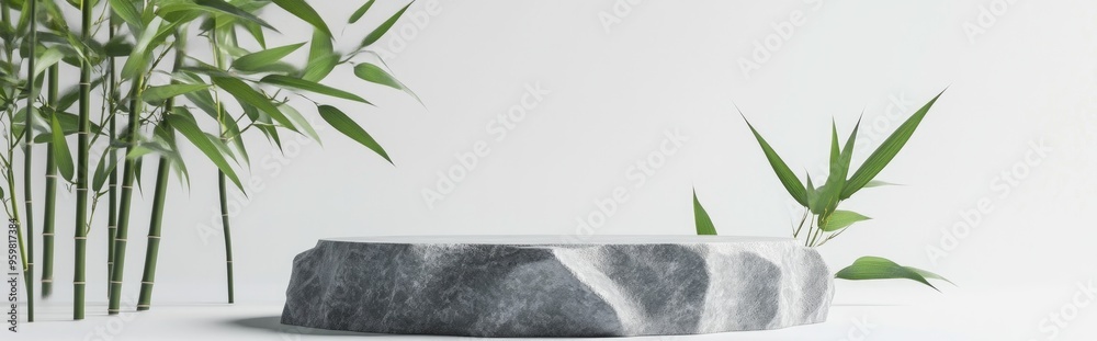 Poster stone display podium adorned with bamboo leaves on a white background 3d rendering