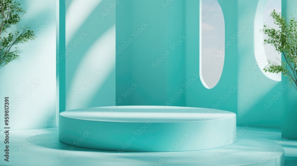 Poster Cyan display pedestal design for showcasing products 3D rendering