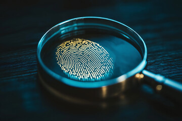 Fingerprint under magnifying glass, forensic investigation, crime scene analysis, detective work, criminal identification, law enforcement, evidence collection, security, biometric data, mystery 