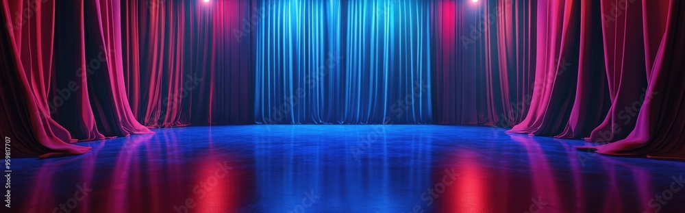 Poster blue 3d rendered theater design featuring curtains and a glossy stage floor with closed drapery and 