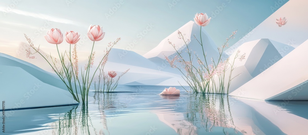Poster Abstract landscape scene for spring and summer featuring geometric shapes a lake and floral elements in 3D rendering