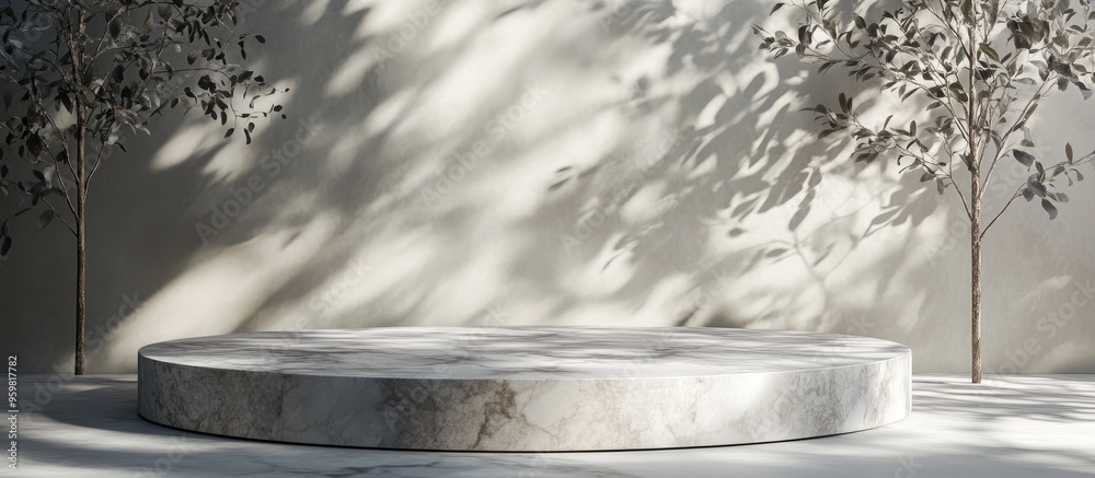 Poster empty marble stage featuring leaf shadows 3d rendering digital artwork