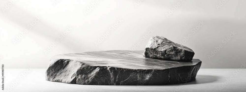 Aufkleber black and white textured stone podium with abstract rock elements for product display in a 3d render
