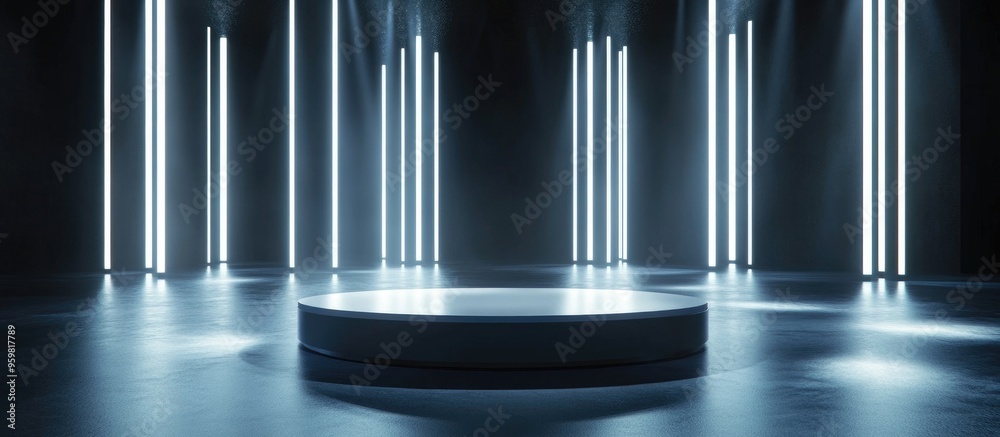 Poster Empty stage with a podium designed for product presentation White neon lighting illuminates the space 3D rendering with blurred reflections on the floor