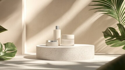 Podium for Presenting Cosmetics and Soap Products Abstract Minimalist Geometric Shapes Soft Shadows Enhance the Display Ideal for Showcasing Items with Natural Tones and Leaf Accents