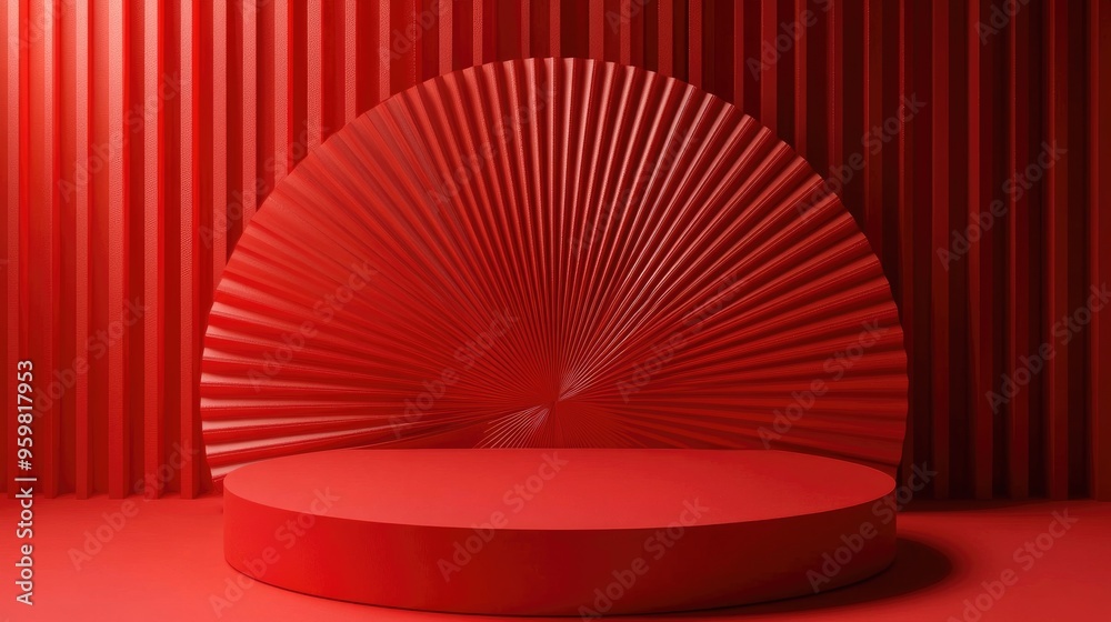 Poster red circular podium with a matching fan backdrop adorned for a festive celebration 3d rendering