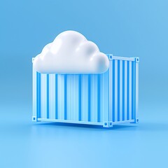 3D illustration of a cloud icon above a shipping container, representing cloud storage or technology, on a blue background.