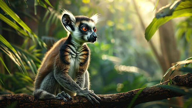 Ring-tailed lemur sitting on a branch in a sunlit jungle, wildlife and nature concept