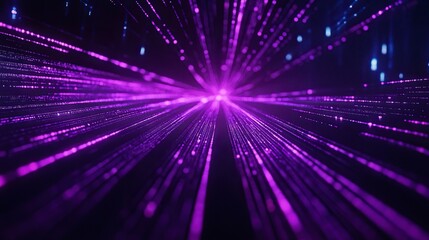 Naklejka premium Purple neon light streaks radiating from the center on a dark background, evoking themes of technology, big data, and bots. generative ai